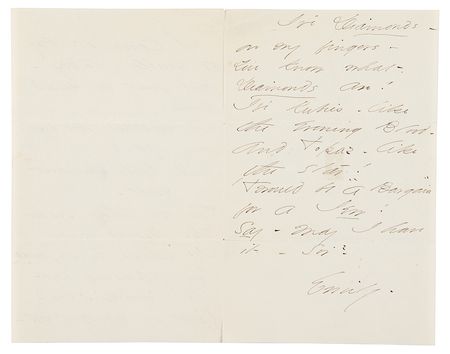 Lot #342 Emily Dickinson: Exceedingly rare handwritten poem by Emily Dickinson, soliciting a shopkeeper's smile: 
