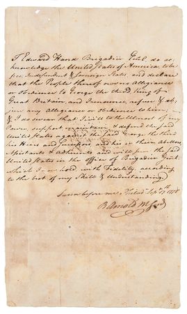 Lot #220 Benedict Arnold: Revolutionary traitor Benedict Arnold writes out and certifies an oath of allegiance for a fellow officer: 