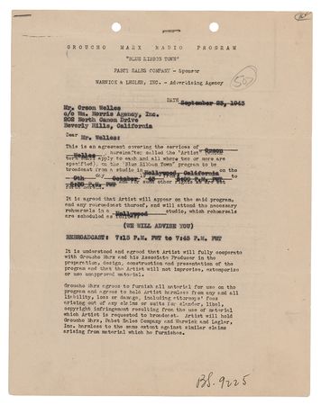 Lot #629 Orson Welles Document Signed for a Groucho Marx Program - Image 1