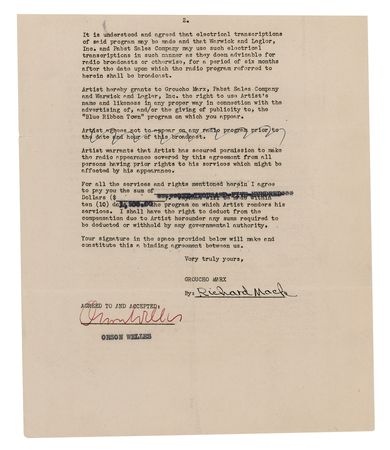 Lot #629 Orson Welles Document Signed for a Groucho Marx Program - Image 2