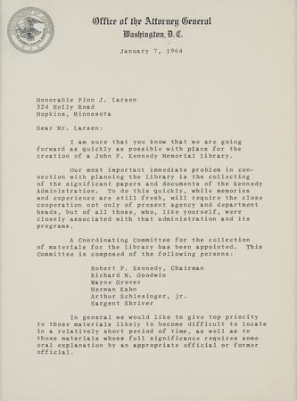 Lot #87 Robert F. Kennedy: RFK begins plans on the John F. Kennedy Memorial Library 