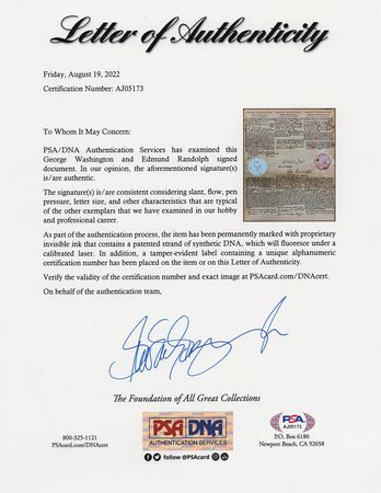 Lot #1 George Washington: President George Washington approves passage for 