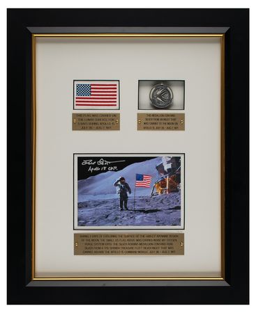 Lot #7437 Dave Scott's Apollo 15 Lunar Landed Flag and Lunar Orbited Metal Robbins Medallion Display - Image 1