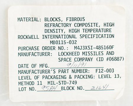 Lot #7685 Lockheed 1991 High Density/Temperature Thermal Tile Block - Image 3