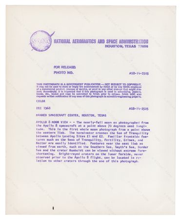Lot #7206 Apollo 8 Original 'Type 1' Photograph - Image 2