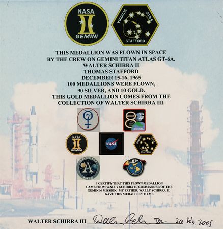 Lot #7083 Wally Schirra's Gemini 6 Flown Gold-Plated Fliteline Medallion - Image 4