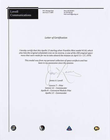 Lot #7359 James Lovell's Apollo 13 Franklin Mint Medal - Image 3