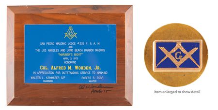 Lot #7487 Al Worden's Masonic Plaque and Pin - Image 1