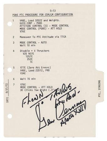 Lot #7533 Apollo 17 Lunar Flown Checklist Page Signed by Gene Cernan - Image 1