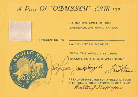 Lot #7349 Apollo 13 Signed Flown Command Module Fabric Presentation - Image 1