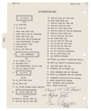 Lot #7531 Apollo 17 Flown Checklist Page Signed by Gene Cernan - Image 1