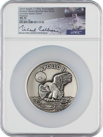Lot #7277 Apollo 11 Robbins Medal Restrike Signed by Michael Collins - NGC MS 70 - Image 1