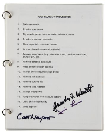 Lot #7015 Liberty Bell 7 'Post Recovery Procedures' Checklist Signed by Curt Newport, Jim Lewis, and Guenter Wendt - Image 1