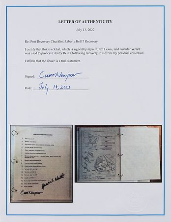 Lot #7015 Liberty Bell 7 'Post Recovery Procedures' Checklist Signed by Curt Newport, Jim Lewis, and Guenter Wendt - Image 3