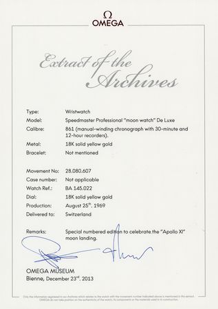 Lot #7000 Wally Schirra's 18k Gold Omega Speedmaster Professional 1969 Apollo 11 Commemorative Watch - Image 10