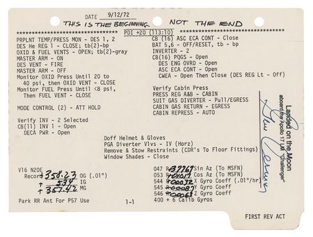 Lot #7539 Apollo 17 Flown LM Lunar Surface Checklist Page Signed and Flight-Certified by Gene Cernan - Image 1