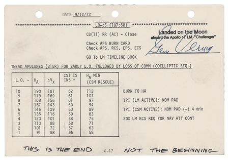 Lot #7540 Apollo 17 Flown LM Lunar Surface Checklist Page Signed and Flight-Certified by Gene Cernan - Image 1