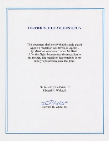 Lot #7216 Apollo 1 Gold Fliteline Medallion, Attested as Flown on the Apollo 9 Mission - From the Family Collection of Ed White II - Image 3