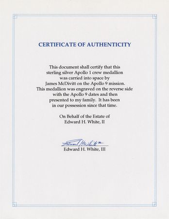 Lot #7217 Apollo 1 Silver Fliteline Medallion Attested as Flown on the Apollo 9 Mission - From the Family Collection of Ed White II - Image 3