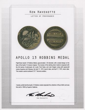 Lot #7346 Apollo 13 Flown Robbins Medallion (Attested as From the Collection of Buzz Aldrin) - Image 3