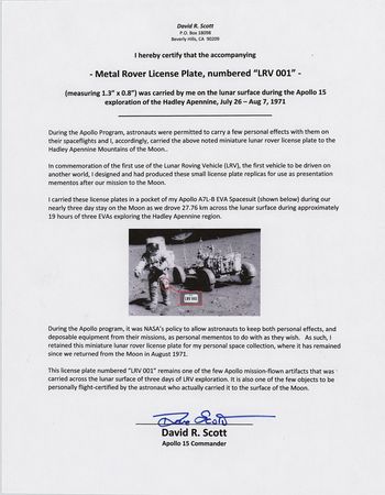 Lot #7442 Dave Scott's Apollo 15 Lunar Surface-Flown License Plate - Image 2