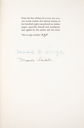 Lot #475 Maurice Sendak and Isaac Bashevis Singer Signed Book - Image 2