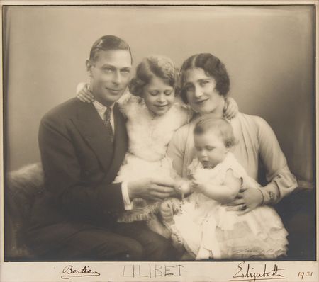 Lot #132 Queen Elizabeth II, King George VI, and Elizabeth, Queen Mother: Remarkable family photo signed by the 5-year-old 