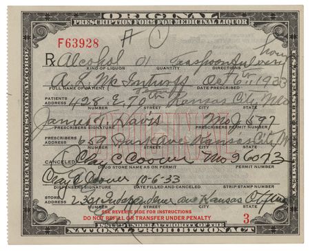 Lot #261 Prohibition: 1933 Alcohol Prescription - Image 1