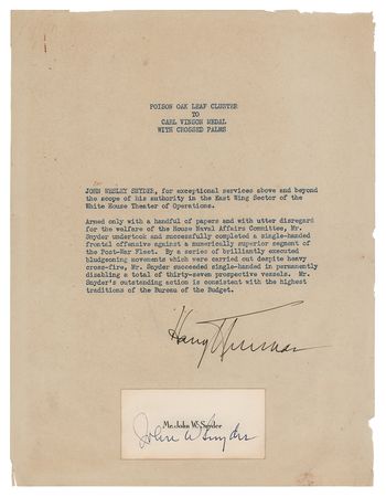 Lot #91 Harry S. Truman: Unique 'gag citation' from President Truman to John Snyder—“Poison Oak Leaf Cluster to Carl Vinson Medal with Crossed Palms