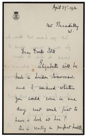 Lot #124 Elizabeth, Queen Mother: The Queen Mother schedules a check-up for the four-year-old princess: 