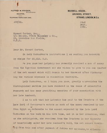 Lot #143 Howard Carter: Letter from Solicitor on Carnarvon's Payment - Image 1
