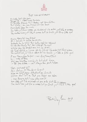 Lot #8015 Bob Dylan Signed Handwritten Lyrics for 'Just Like a Woman' - Image 1