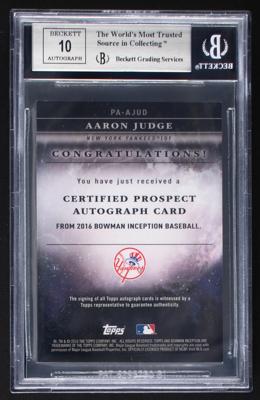 Lot #1868 2016 Bowman Inception Prospect Aaron Judge Autograph BGS MINT 9/10 Baseball Card - Image 2