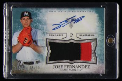 Lot #1867 2015 Topps Jose Fernandez Autograph/Game-Used Patch (5/10) Baseball Card - Image 1