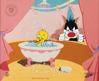 Lot #1470 Sylvester and Tweety Serigraph Cel from 'Peeping Tom II' signed by Friz Freleng Serigraph Cel - Image 1