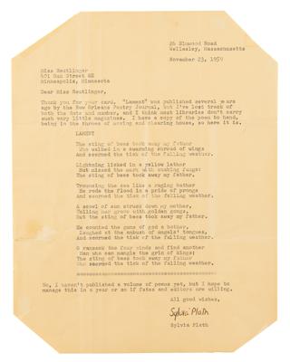 Lot #1509 Sylvia Plath Typed Letter Signed with Poem: 'Lament' - Image 1