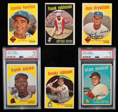 Lot #1831 1959 Topps Baseball Lot of (6) HOFers with Aaron, Musial, and Koufax Baseball Cards - Image 1