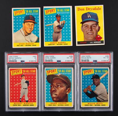 Lot #1825 1958 Topps Baseball Lot of (6) HOFers with Mantle, Mays, and Aaron Baseball Cards - Image 1