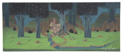 Lot #1395 Eyvind Earle concept painting of Aurora's Cottage from Sleeping Beauty: Princess Aurora's charming woodland cottage, conceived in an original Eyvind Earle concept painting for Sleeping Beauty - Image 1