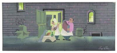 Lot #1393 Eyvind Earle concept painting of Lady, Tramp, Tony, and Joe from Lady and the Tramp: Large and impressive Eyvind Earle concept painting for Lady and the Tramp's beloved 'Bella Notte' scene - Image 1