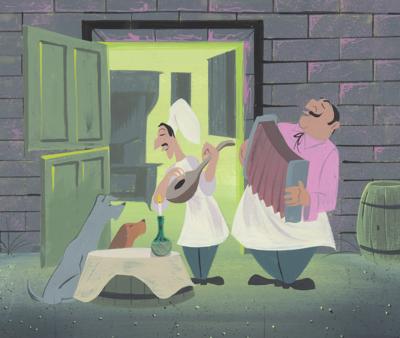 Lot #1393 Eyvind Earle concept painting of Lady, Tramp, Tony, and Joe from Lady and the Tramp: Large and impressive Eyvind Earle concept painting for Lady and the Tramp's beloved 'Bella Notte' scene - Image 2