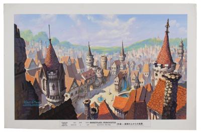 Lot #1387 Rooftops and marketplace production master background painting and layout drawing from Cinderella II: Dreams Come True - Image 1