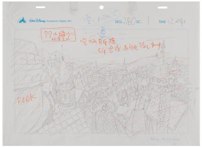 Lot #1387 Rooftops and marketplace production master background painting and layout drawing from Cinderella II: Dreams Come True - Image 2