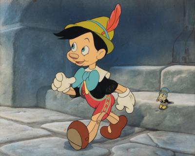 Lot #1343 Jiminy Cricket production cel and Pinocchio publicity cel on master background from Pinocchio - Image 1