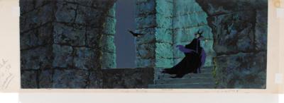 Lot #1376 Maleficent and Diablo production cels and Eyvind Earle background from Sleeping Beauty: Stunning panoramic master set-up of Maleficent and her loyal raven, on an Eyvind Earle-attributed background - Image 2