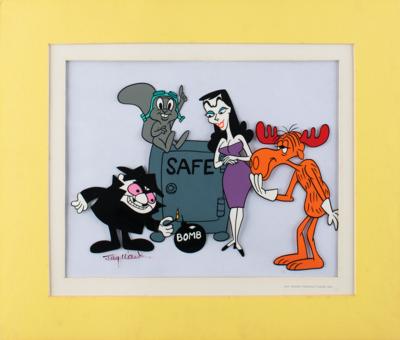 Lot #1492 Rocky, Bullwinkle, Boris, and Natasha scene cel from The Adventures of Rocky and Bullwinkle and Friends signed by Jay Ward - Image 1