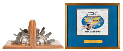 Lot #136 Aircraft Engine Turbine Bookends and Boeing 777 Signed Print - Image 1