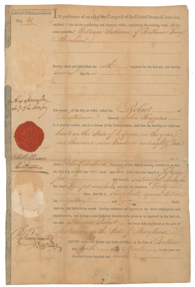 Lot 106 Alexander Hamilton: Baltimore merchant's vessel registered by 