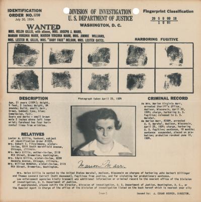 Lot #290 Baby Face Nelson: Helen Gillis: Wanted poster for Baby Face Nelson's wife, charged with 