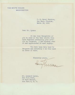 Lot #96 Harry S. Truman Typed Letter Signed as President - Image 1